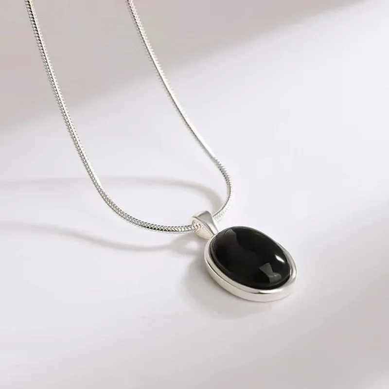 Casual-Estilo-Simple-Oval-Plata-Esterlina-Embutido-gata-Mujeres-Collar-Colgante
