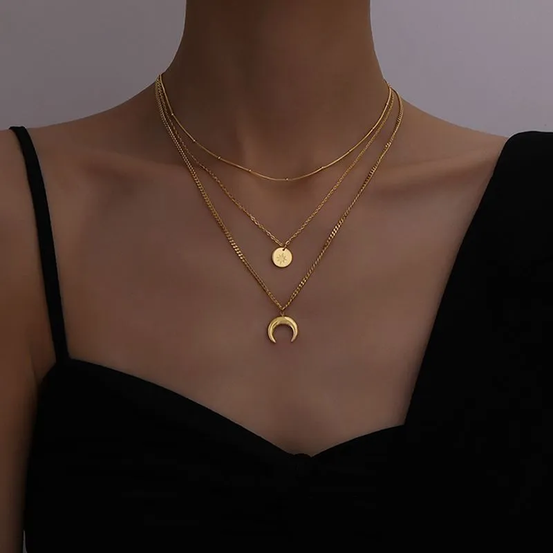 Moda-Luna-Acero-Titanio-Borla-Enchapado-Cadena-Collar-Colgante-1-Pieza