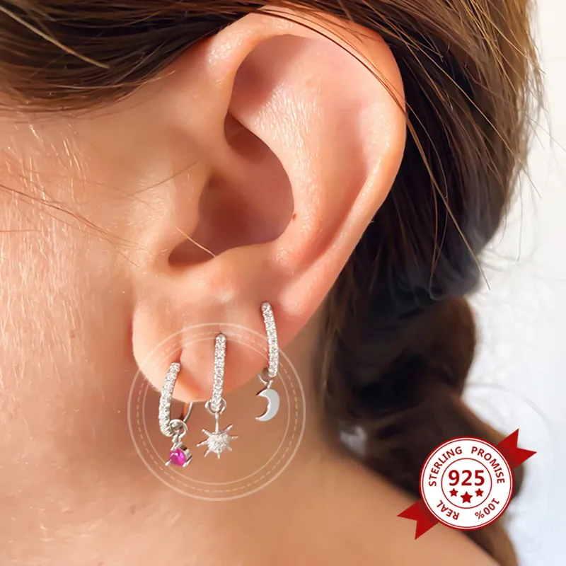 S925-Silver-Needle-Four-Small-Pendants-Moon-Star-Cross-Bead-Hoop-Set-Earrings (8)